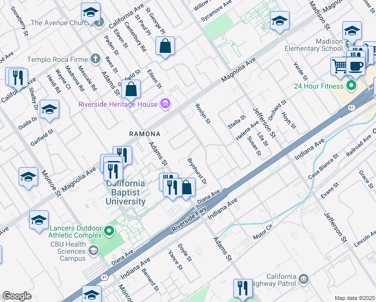 map of restaurants, bars, coffee shops, grocery stores, and more near 8198 Helena Avenue in Riverside