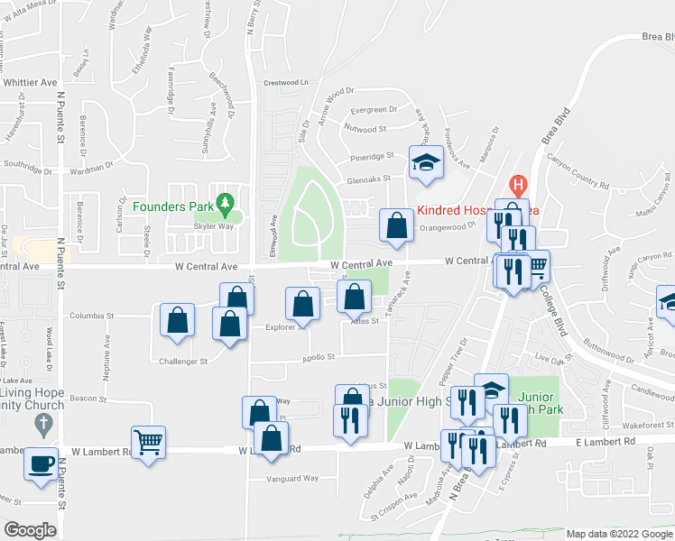 map of restaurants, bars, coffee shops, grocery stores, and more near 410 West Central Avenue in Brea