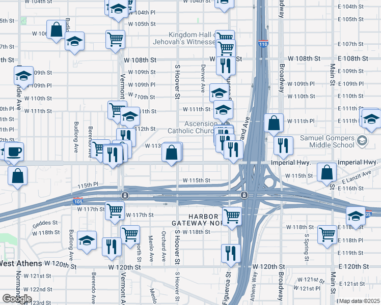 map of restaurants, bars, coffee shops, grocery stores, and more near 615 West Imperial Highway in Los Angeles