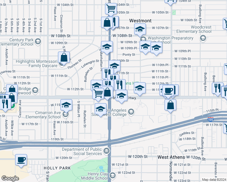 map of restaurants, bars, coffee shops, grocery stores, and more near 11224 South Western Avenue in Los Angeles