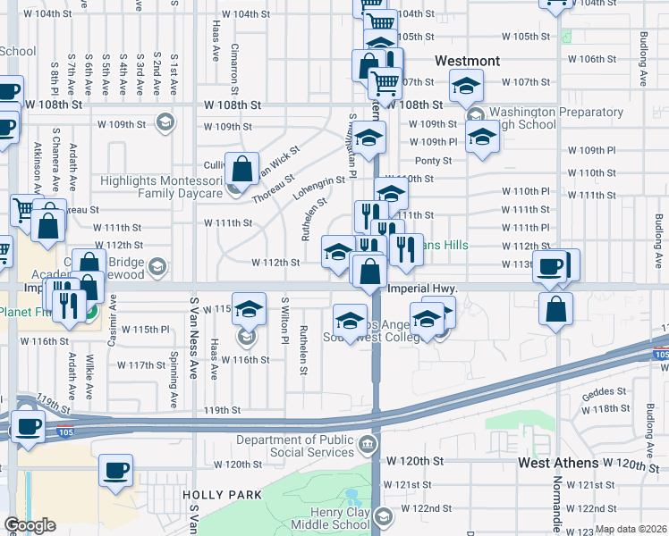 map of restaurants, bars, coffee shops, grocery stores, and more near 11192 South Manhattan Place in Los Angeles