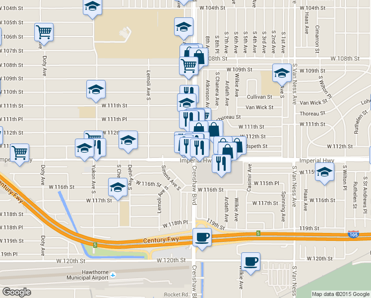 map of restaurants, bars, coffee shops, grocery stores, and more near 3133 West Imperial Highway in Inglewood