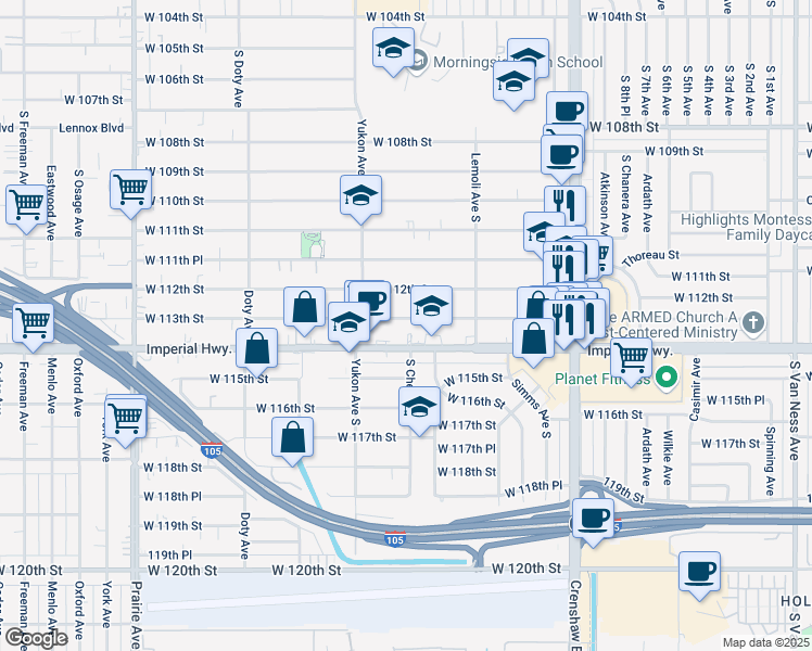 map of restaurants, bars, coffee shops, grocery stores, and more near 3520 West 113th Street in Inglewood