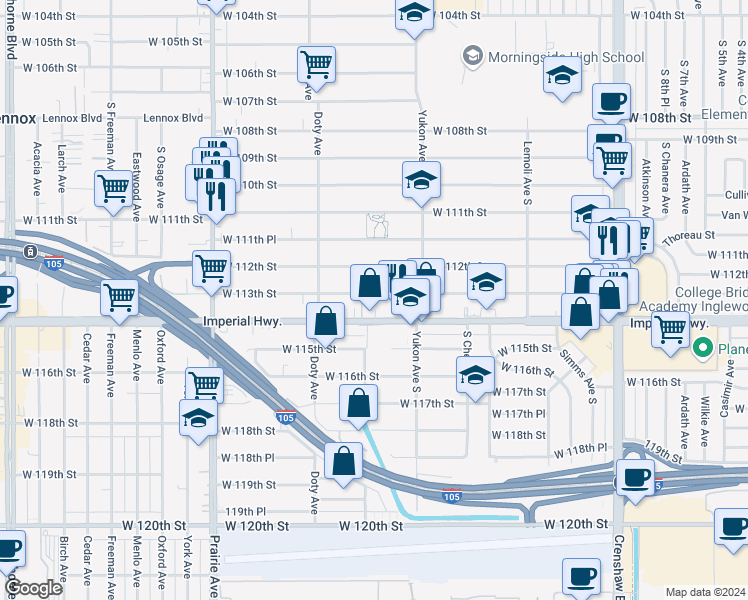 map of restaurants, bars, coffee shops, grocery stores, and more near 3638 West 113th Street in Inglewood