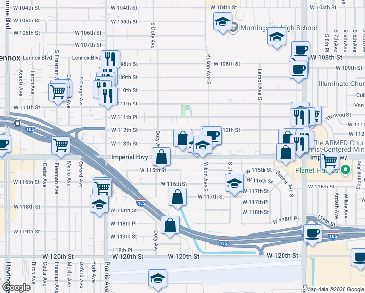 map of restaurants, bars, coffee shops, grocery stores, and more near 3638 West 113th Street in Inglewood