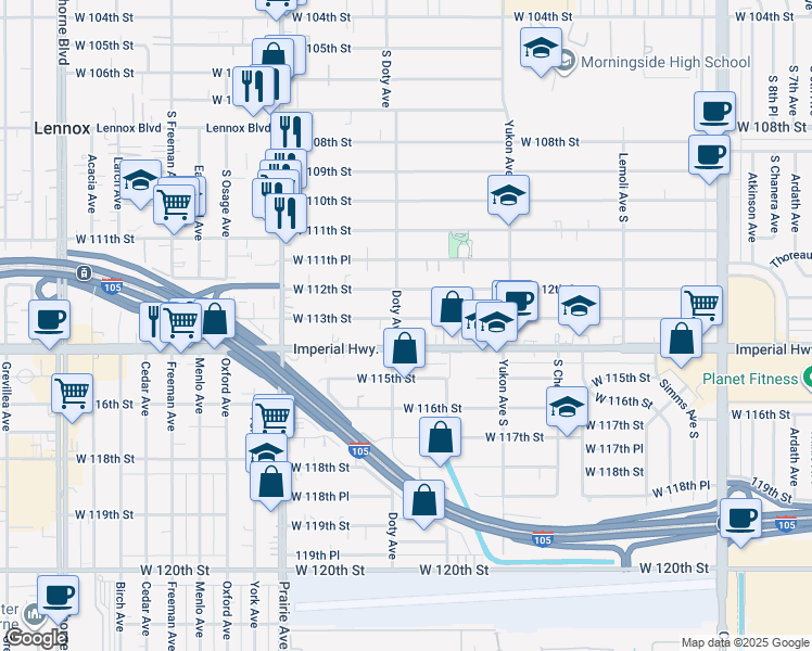 map of restaurants, bars, coffee shops, grocery stores, and more near 11309 Doty Avenue in Inglewood