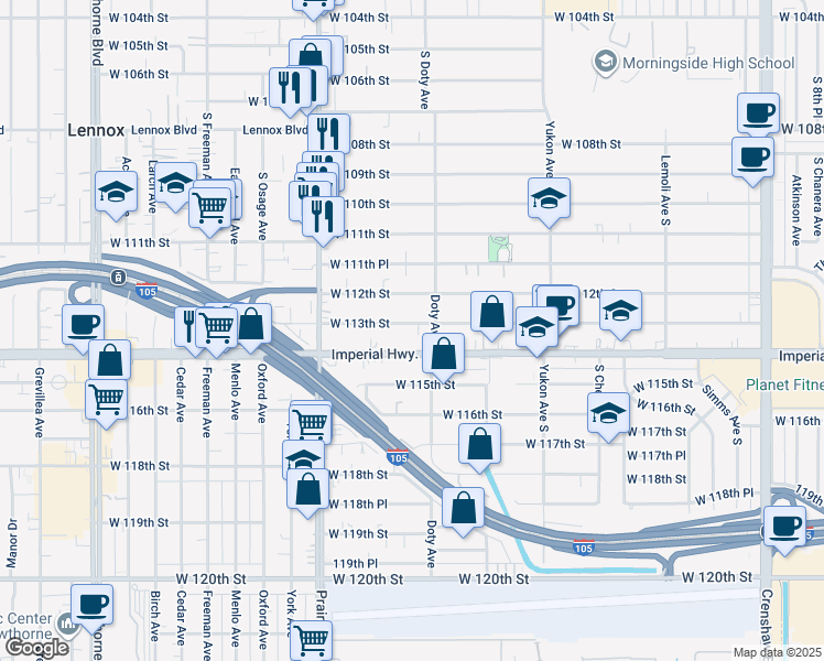map of restaurants, bars, coffee shops, grocery stores, and more near 3844 West 113th Street in Inglewood