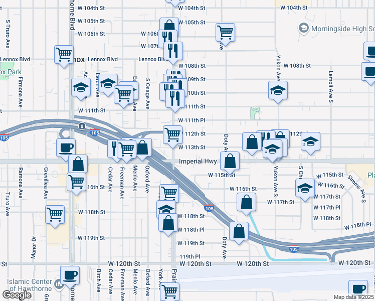 map of restaurants, bars, coffee shops, grocery stores, and more near 3920 West 113th Street in Inglewood