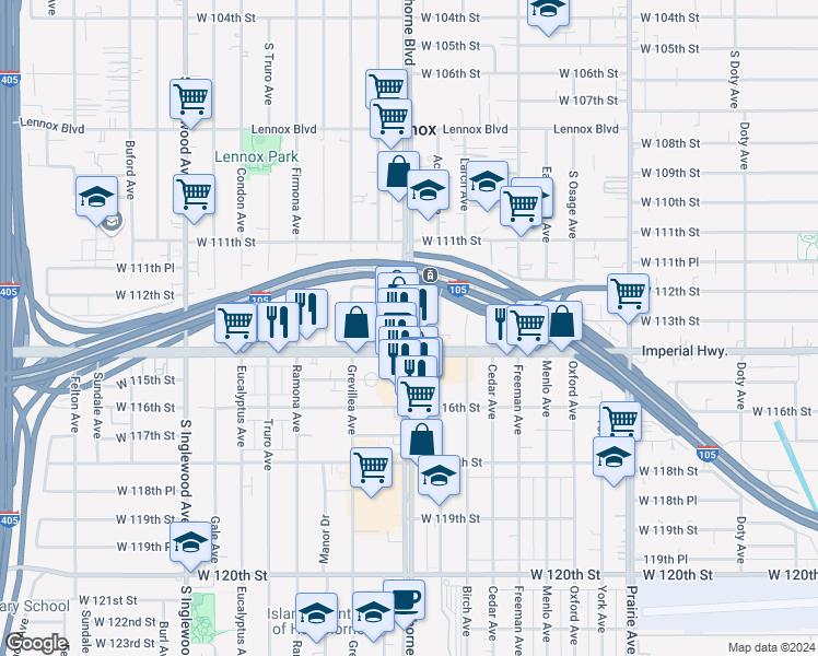 map of restaurants, bars, coffee shops, grocery stores, and more near 11317 Hawthorne Boulevard in Inglewood