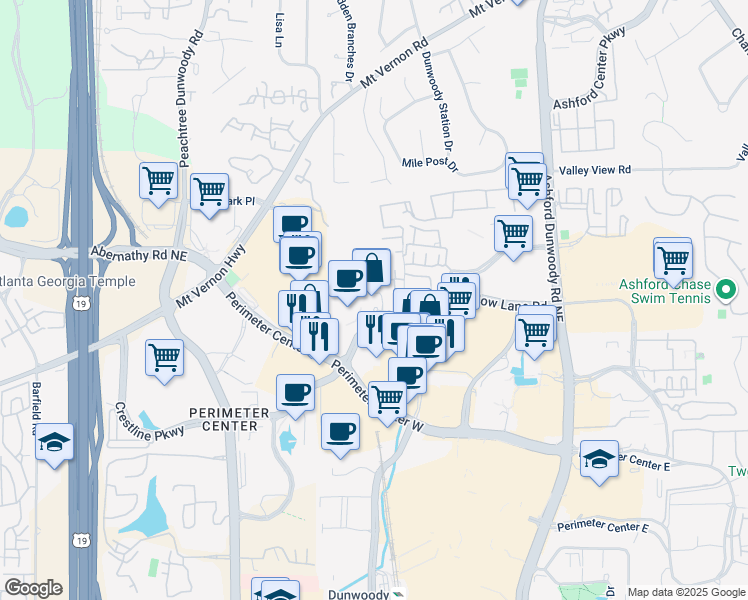 map of restaurants, bars, coffee shops, grocery stores, and more near 1274 Crown Pointe Parkway in Dunwoody