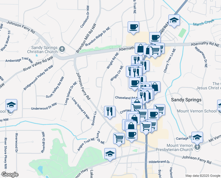 map of restaurants, bars, coffee shops, grocery stores, and more near 6470 Wright Circle Northeast in Atlanta