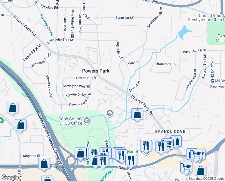 map of restaurants, bars, coffee shops, grocery stores, and more near 2087 Powers Ferry Trce Southeast in Marietta