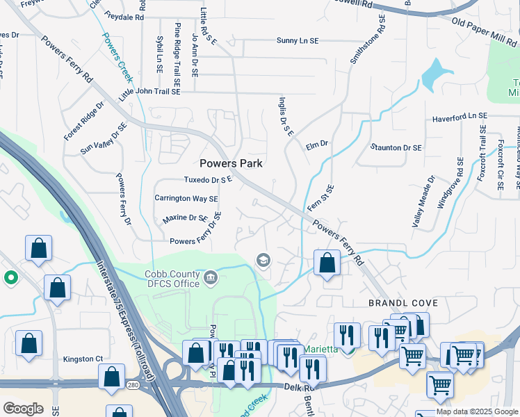 map of restaurants, bars, coffee shops, grocery stores, and more near 2151 Palmyra Drive in Marietta