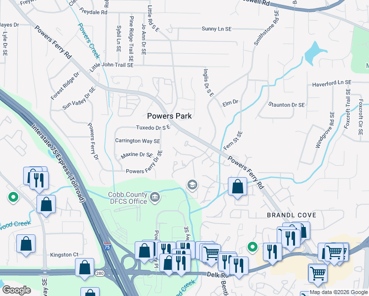 map of restaurants, bars, coffee shops, grocery stores, and more near 2126 Palmyra Drive in Marietta