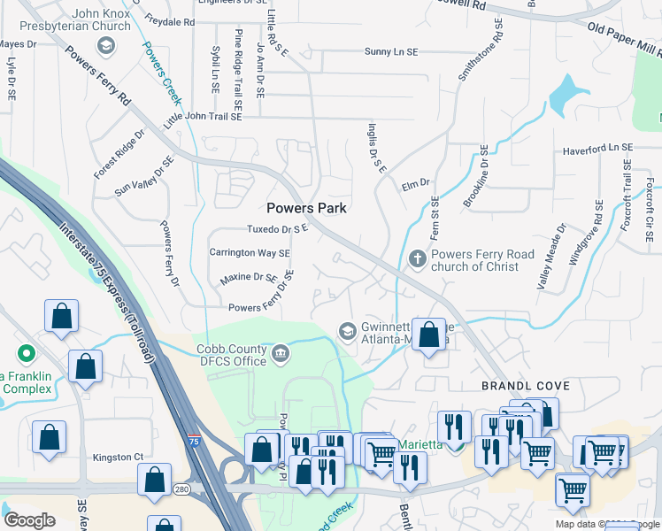 map of restaurants, bars, coffee shops, grocery stores, and more near 2151 Palmyra Drive in Marietta