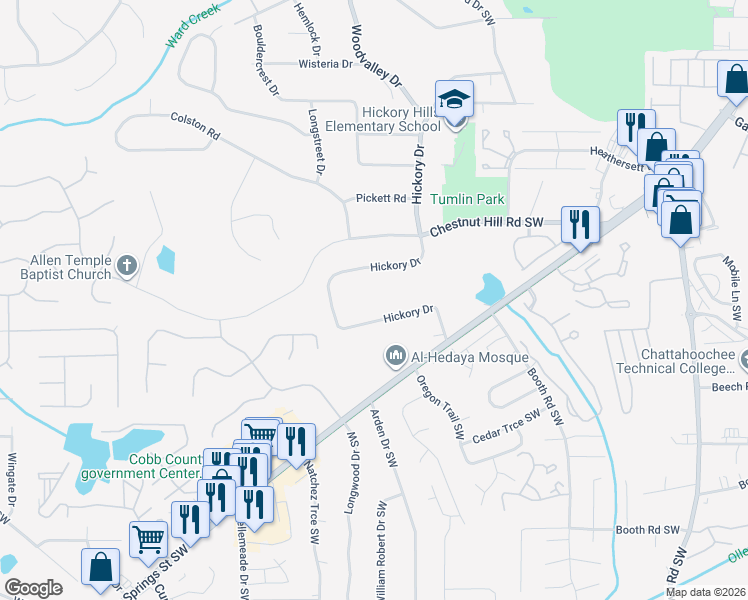 map of restaurants, bars, coffee shops, grocery stores, and more near 865 Hickory Drive in Marietta