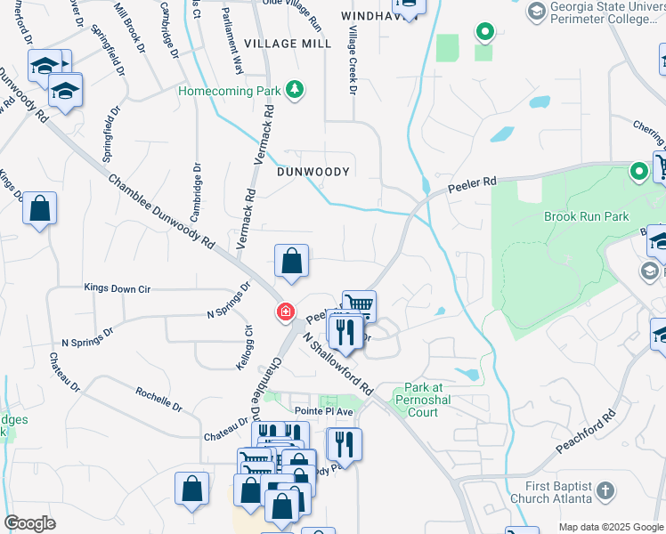 map of restaurants, bars, coffee shops, grocery stores, and more near 1869 Village Mill Road in Dunwoody