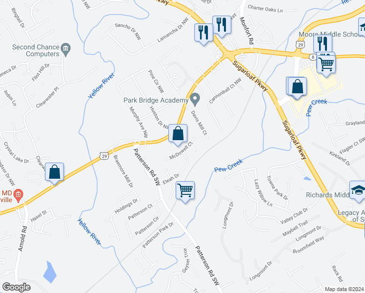 map of restaurants, bars, coffee shops, grocery stores, and more near 1765 McDowell Court in Lawrenceville