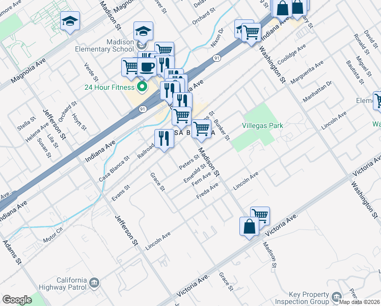 map of restaurants, bars, coffee shops, grocery stores, and more near 3105 Samuel Street in Riverside