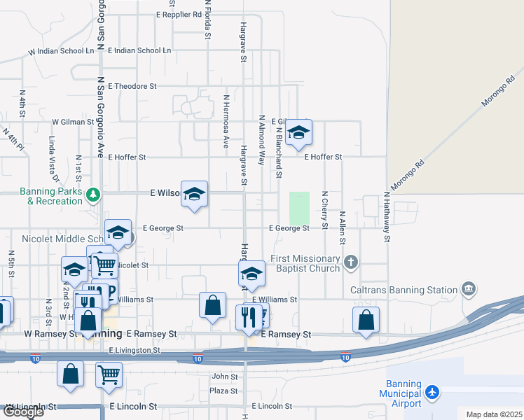 map of restaurants, bars, coffee shops, grocery stores, and more near 701 North Almond Way in Banning
