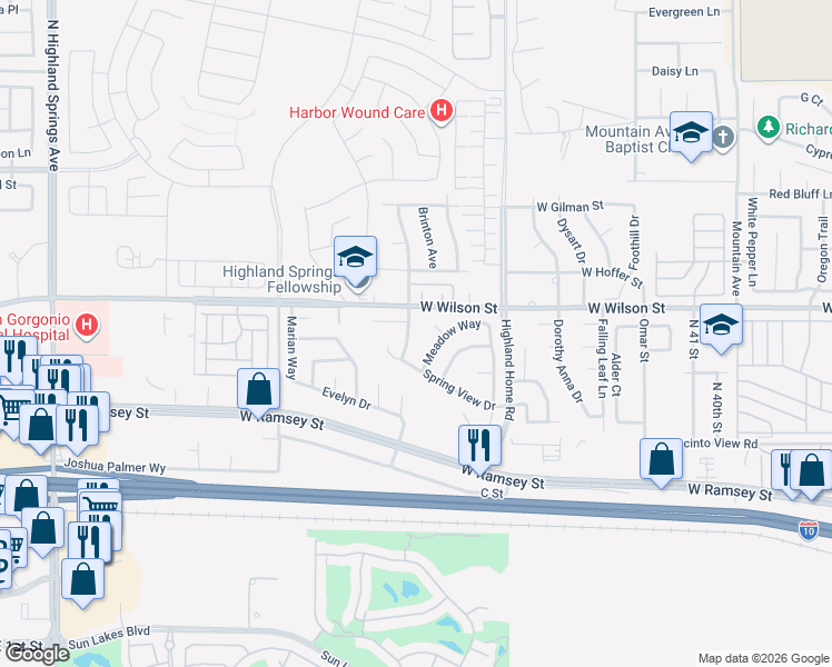 map of restaurants, bars, coffee shops, grocery stores, and more near 724 Kingswell Avenue in Banning