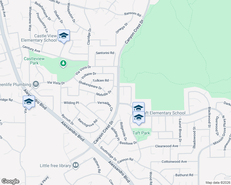map of restaurants, bars, coffee shops, grocery stores, and more near 6568 Balzac Circle in Riverside