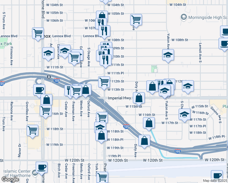map of restaurants, bars, coffee shops, grocery stores, and more near 3920 West 113th Street in Inglewood