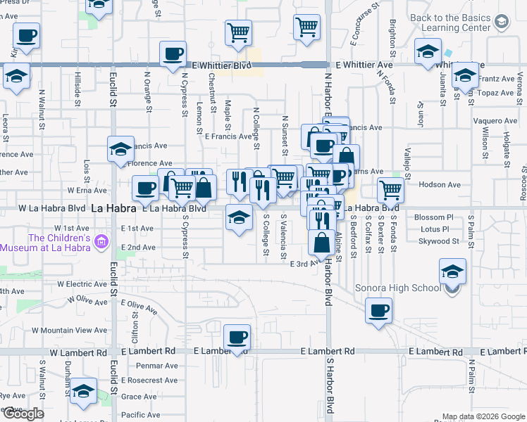 map of restaurants, bars, coffee shops, grocery stores, and more near 113 South College Street in La Habra