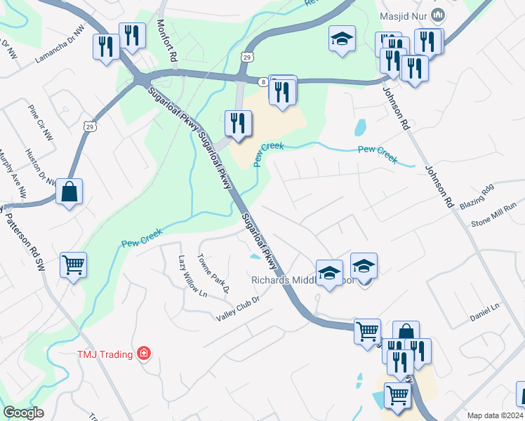 map of restaurants, bars, coffee shops, grocery stores, and more near 121 Kirkland Drive in Lawrenceville