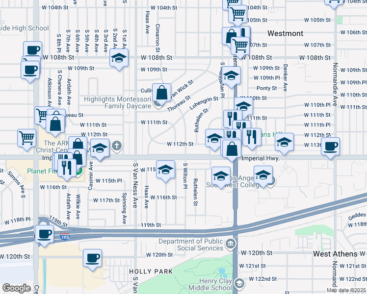 map of restaurants, bars, coffee shops, grocery stores, and more near 2002 West 112th Street in Los Angeles