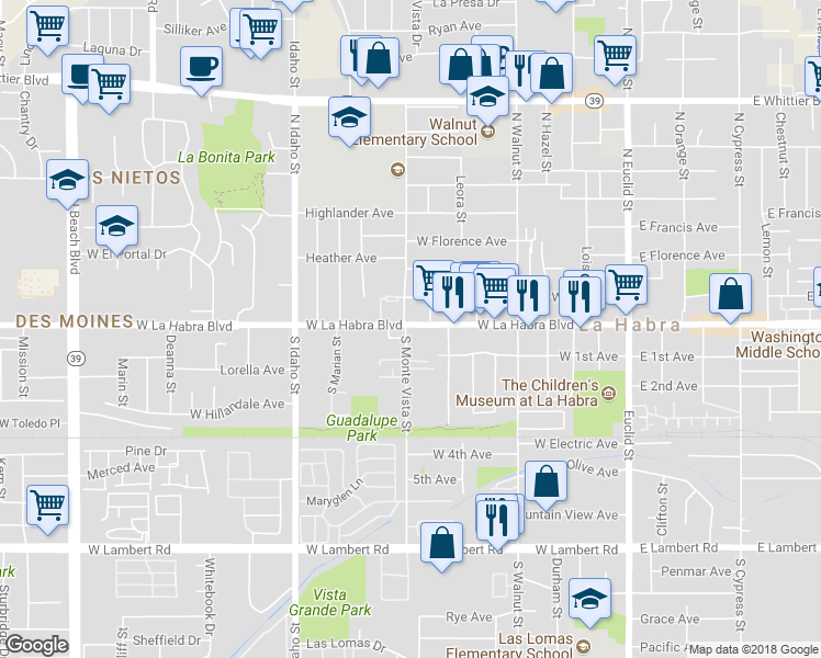 map of restaurants, bars, coffee shops, grocery stores, and more near 780 West La Habra Boulevard in La Habra