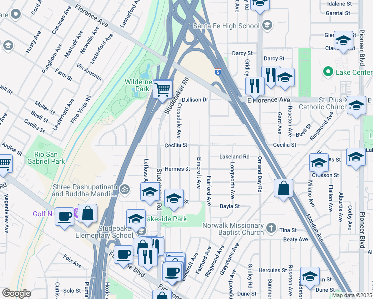 map of restaurants, bars, coffee shops, grocery stores, and more near 11209 Dalwood Avenue in Norwalk
