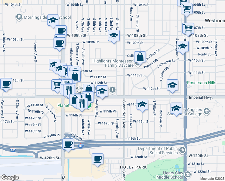 map of restaurants, bars, coffee shops, grocery stores, and more near 2314 Hudspeth Street in Inglewood
