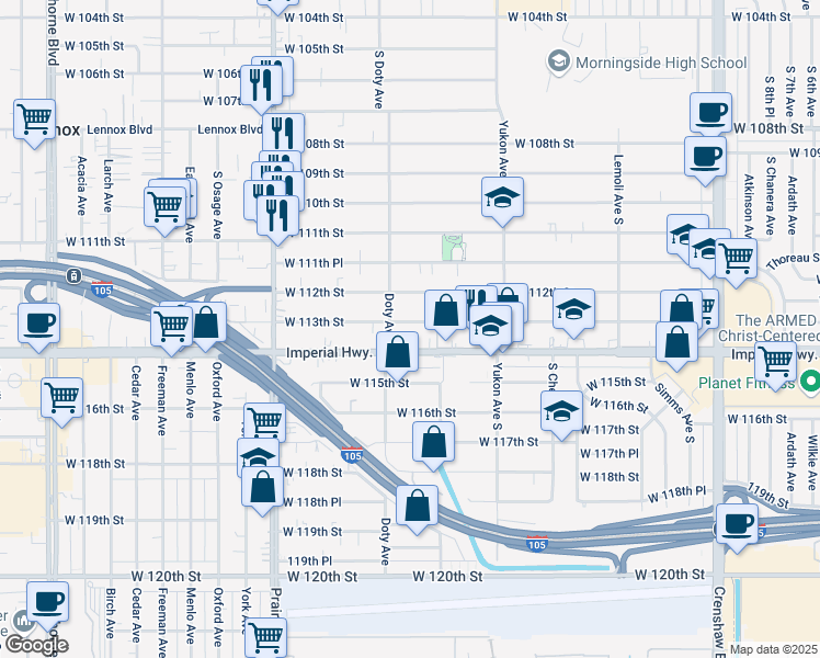 map of restaurants, bars, coffee shops, grocery stores, and more near 3714 West 113th Street in Inglewood