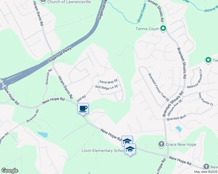 map of restaurants, bars, coffee shops, grocery stores, and more near 1460 Still Ridge Lane Southeast in Lawrenceville