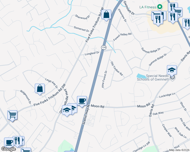 map of restaurants, bars, coffee shops, grocery stores, and more near 495 Georgia 124 in Lawrenceville