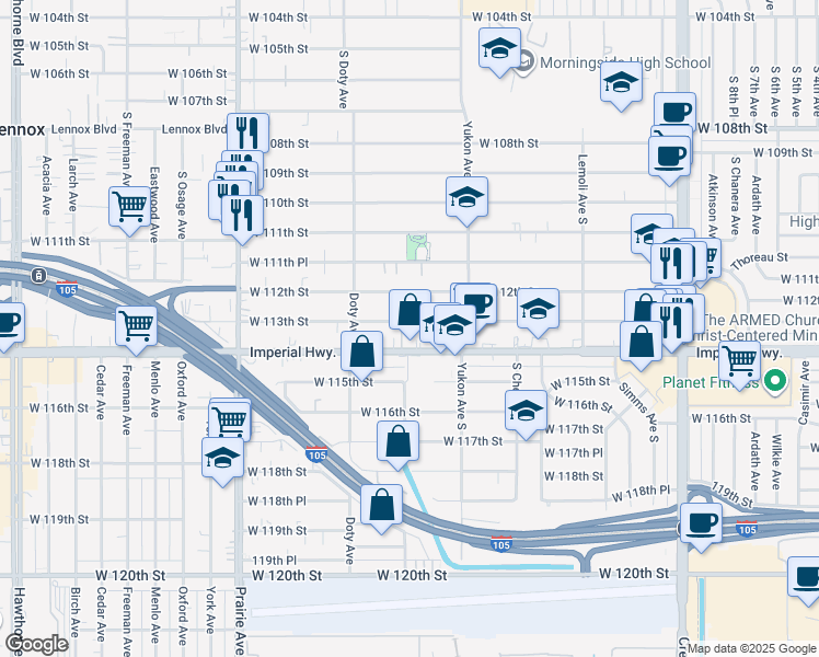 map of restaurants, bars, coffee shops, grocery stores, and more near 3666 West 113th Street in Inglewood
