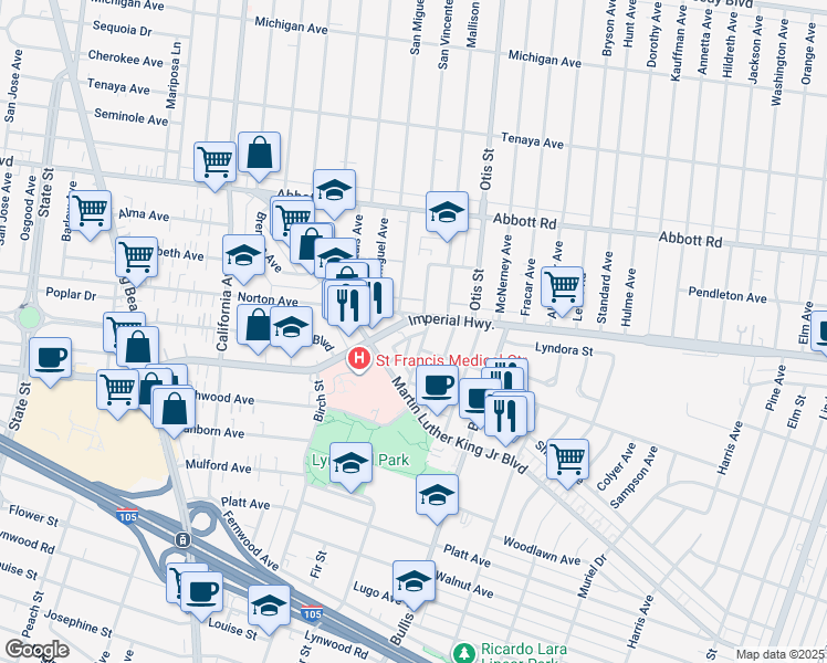 map of restaurants, bars, coffee shops, grocery stores, and more near 3660 East Imperial Highway in Lynwood