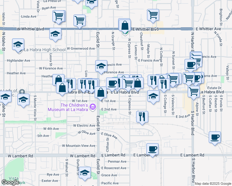 map of restaurants, bars, coffee shops, grocery stores, and more near 111 Aldrich Street in La Habra