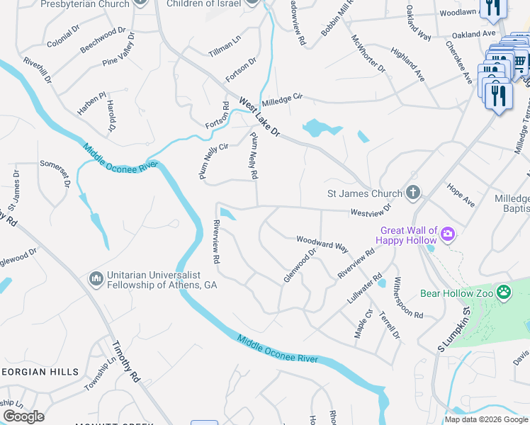 map of restaurants, bars, coffee shops, grocery stores, and more near 101 Duncan Springs Road in Athens