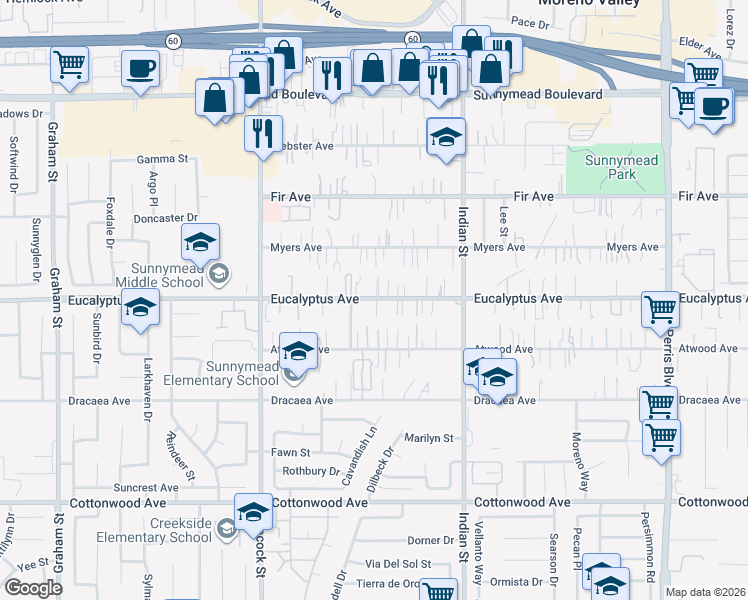 map of restaurants, bars, coffee shops, grocery stores, and more near 24279 Eucalyptus Avenue in Moreno Valley