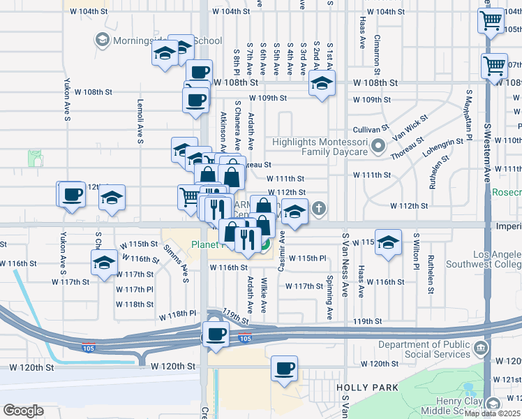 map of restaurants, bars, coffee shops, grocery stores, and more near 2612 Hudspeth Street in Inglewood