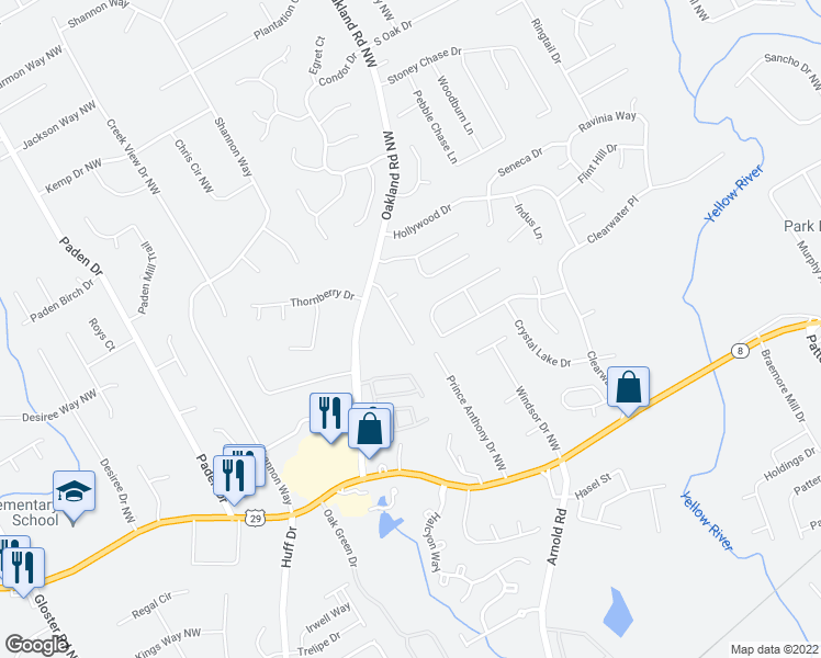 map of restaurants, bars, coffee shops, grocery stores, and more near 345 Oakland Place Drive in Lawrenceville