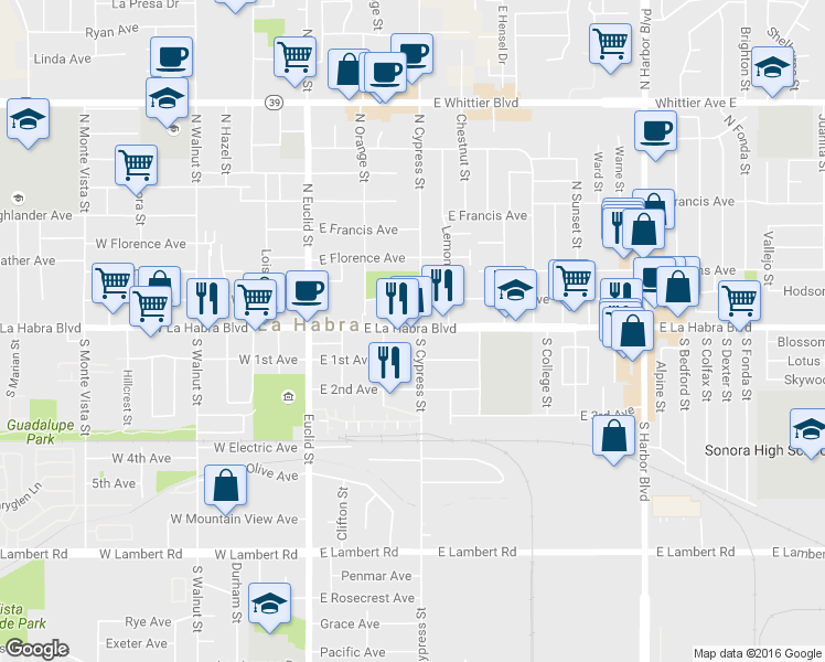 map of restaurants, bars, coffee shops, grocery stores, and more near 374 East La Habra Boulevard in La Habra