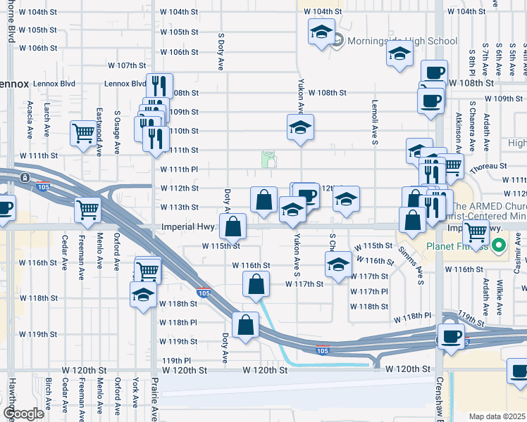 map of restaurants, bars, coffee shops, grocery stores, and more near 3638 West 113th Street in Inglewood
