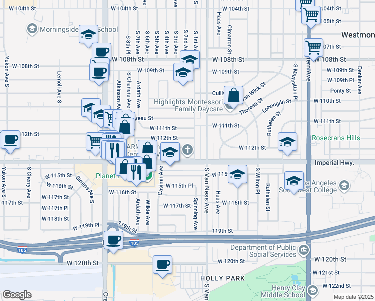 map of restaurants, bars, coffee shops, grocery stores, and more near 2314 Hudspeth Street in Inglewood