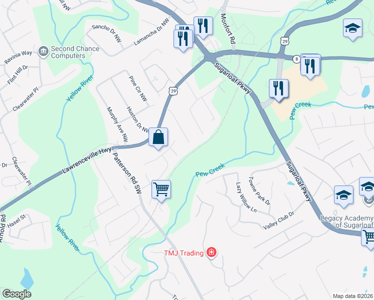 map of restaurants, bars, coffee shops, grocery stores, and more near 60 Davis Mill Court in Lawrenceville