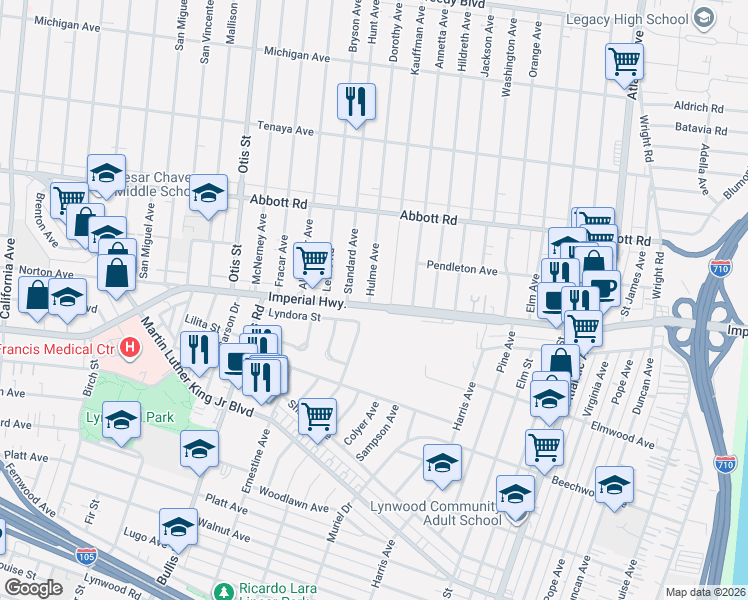 map of restaurants, bars, coffee shops, grocery stores, and more near 4001 East Imperial Highway in Lynwood