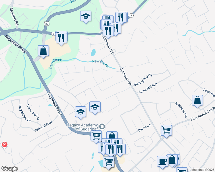 map of restaurants, bars, coffee shops, grocery stores, and more near 1295 Grayland Hills Drive in Lawrenceville