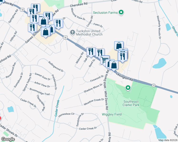 map of restaurants, bars, coffee shops, grocery stores, and more near 111 Smokerise Court in Athens